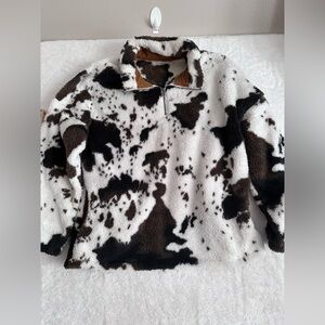 Sunshine & Rodeos Cow Print Sherpa Quarter-Zip Pullover - 2XL
